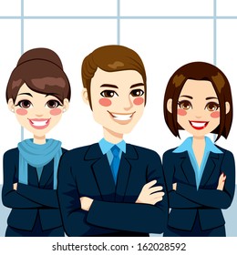 Group of positive confident business man and women team standing with arms crossed