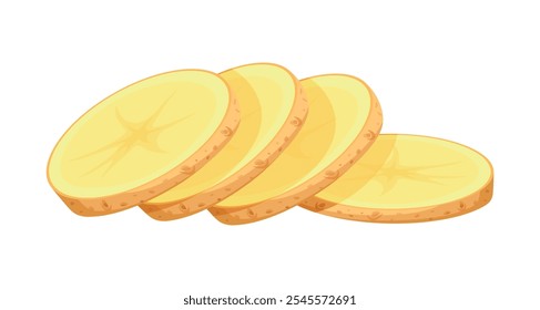 Group of potato slices in cartoon style. Vector illustration of delicious sliced ​​potatoes, unpeeled isolated on white background. Healthy food. Harvest. Root crops. Starchy vegetables.