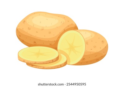 Group of potatoes in cartoon style. Vector illustration of fresh, tasty potato whole and cut in half, slices isolated on white background. Healthy food. Vegetables. Harvest. Root crops.Young potatoes.