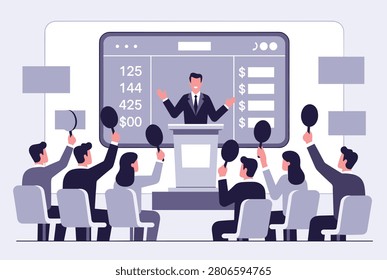 Group of potential buyers raising their paddles to place bids at a professional auction while an auctioneer stands at a podium before a screen.