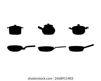 Group of Pots And Pans Silhouette isolated white background. Vector Illustration