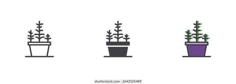 Group of potted plants with leaves shown in line, solid and filled outline icon styles. Vector indoor garden icon pack. Symbol for home greenery.