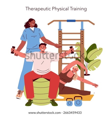 Group practicing therapeutic physical exercises with weights and stretching. Guided by an instructor, individuals engage in dynamic movement for rehabilitation purposes. Vector illustration.