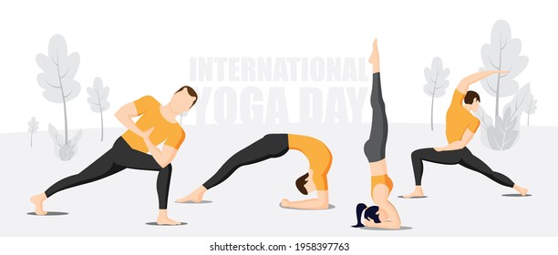 Group practicing yoga on international yoga day, outdoor yoga, yoga day vector illustration