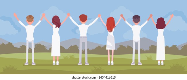 Group pray ceremony. People of religious beliefs, spiritual community wearing white clothes worship and praise god, enjoy outdoor sacred glorification ritual. Vector flat style cartoon illustration