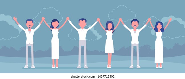 Group pray ceremony. People of religious beliefs, spiritual community wearing white clothes worship and praise god, enjoy outdoor sacred glorification ritual. Vector illustration, faceless characters