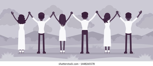 Group pray ceremony. People of religious beliefs, spiritual community wearing white clothes worship and praise god, enjoy outdoor sacred glorification ritual. Vector illustration, faceless characters