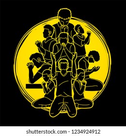 Group of Prayer, Christian praying together cartoon graphic vector