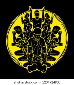 Group of Prayer, Christian praying together cartoon graphic vector