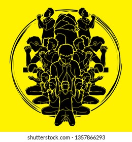 Group of Prayer, Christian praying together cartoon graphic vector