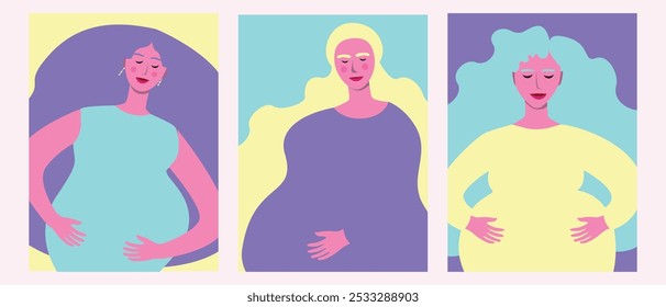 Group of pregnant imperfect women as beauty, flat vector stock illustration with diverse imperfect people