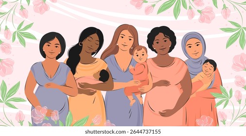 Grupo de mulheres grávidas e mulheres com filhos. Semana Mundial da Amamentação. Banner sobre gravidez, amamentação e maternidade. Ilustração vetorial.