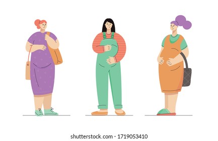 Group of pregnant women dressed in casual city style - dress, overall, sundress, sneakers, slip-ons, mules. Walking or shopping with bags. Vector illustration, modern flat line style with textures