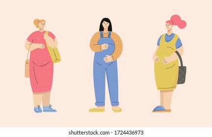 Group of pregnant women dressed in casual city style - dress, overall, sundress, sneakers, slip-ons, mules. Walking or shopping with bags. Vector illustration, modern flat line style with textures