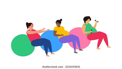 Group Of Pregnant Women Exercise With Fit Ball Pregnancy Training Vector Illustration