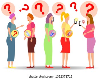 A group of pregnant women looking for answers in smartphones. question answer, online doctor