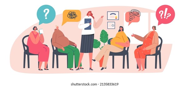 Group of Pregnant Women Visit Support Courses. Childbirth Psychology Assistance, Couch Female Character Speak About Pregnancy and Maternity to Audience at Classroom. Cartoon People Vector Illustration