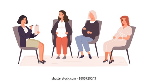 Group of pregnant women visited childbirth or psychology support courses vector flat illustration. Female couch speaking about pregnancy and maternity to audience at classroom isolated on white