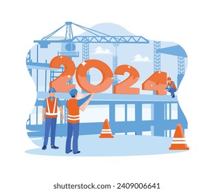 A group prepares an event to welcome New Year's Eve 2024. I am installing numbers on a tall building with a crane. Happy New Year 2024 concept. Trend Modern vector flat illustration