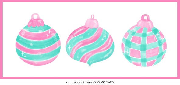 Group of Preppy Coquette Christmas ornament balls Pastel pink and mint green watercolor hand painting banner
