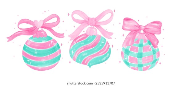 Group of Preppy Coquette Christmas ornament balls with Ribbon Bow Pastel pink and mint green watercolor hand painting banner