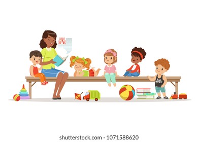 Group of preschool kids and teacher. Teacher reading for kids in the kindergarten. Cartoon detailed colorful Illustrations