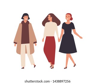 Group of pretty smiling women dressed in elegant clothes isolated on white background. Happy female friends walking together. Portrait of adorable stylish girls. Flat cartoon vector illustration.