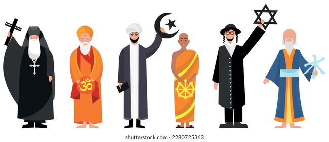 Group of priests of different religions on white background