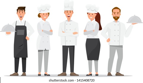 Grupo de chefs profesionales, hombres y mujeres. El concepto de equipo de restaurante. personajes de dibujos animados.