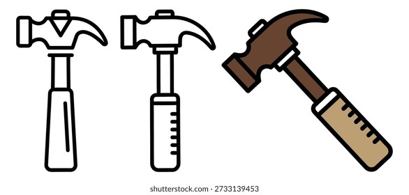Group of professional claw hammers line art and colored graphics representing repair work building and home improvement vector illustration.