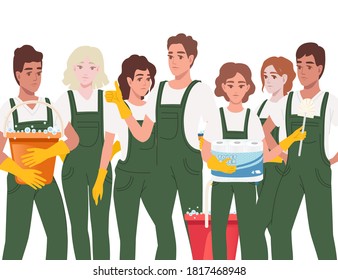 Group of professional cleaners mans and womans wearing green uniform cleaning process cartoon character design flat vector illustration on white background