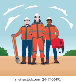 a group of professional maintenance construction workers in uniforms and complete safety equipment standing proudly with a woman as the leader