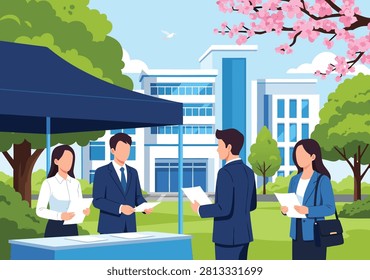 A group of professional people interacting at an outdoor recruitment or information booth in front of a modern university building during spring.