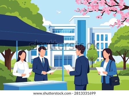 A group of professional people interacting at an outdoor recruitment or information booth in front of a modern university building during spring.