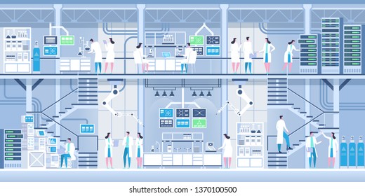 Group of professional scientists doing research and experiments at medical lab with special equipment. Doctors working at researching laboratory. High detailed vector flat illustration