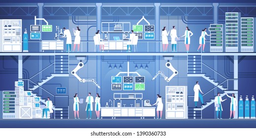 Group of professional scientists doing research and experiments at medical lab with special equipment. Doctors working at researching laboratory. High detailed vector flat illustration