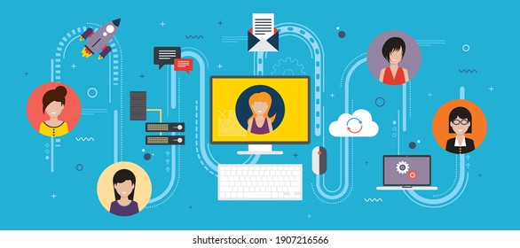 A group of professional women working together on a project of business. Concept of collaboration, woman in the business and teamwork. Flat design vector illustration.