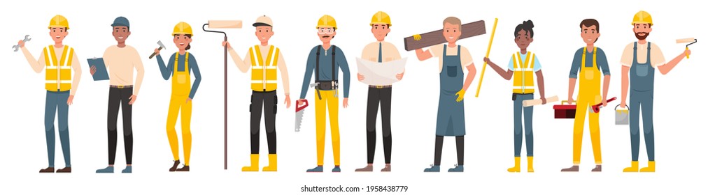 Group of professional workers in yellow uniform with instruments isolated on white. Concept of teamwork and cooperation at architecture sphere. Vector graphic illustration. Set of professional workers