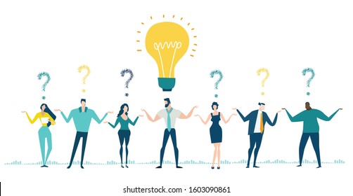 Group of professional young people with lots of questions. Support needed, problems and solutions concept 