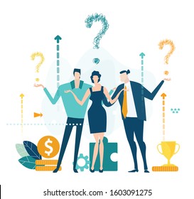 Group of professional young people with lots of questions. Support needed, problems and solutions concept