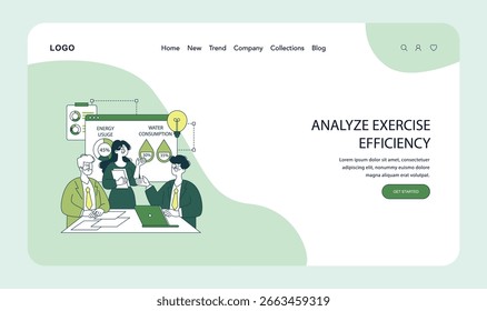 Grupo de profissionais analisa estatísticas de consumo de energia e água em uma plataforma digital. A ilustração vetorial mostra o trabalho em equipe colaborativo e a análise de eficiência.