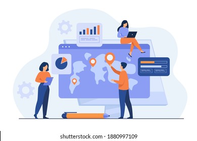 Group of professionals analyzing international map with pointers and charts. Team doing global business research. Vector illustration for marketing, analysis, worldwide extension concepts