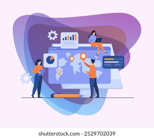 Group of professionals analyzing international map with pointers and charts. Team doing global business research. Vector illustration for marketing, analysis, worldwide extension concepts