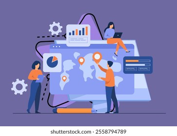 Group of professionals analyzing international map with pointers and charts. Team doing global business research. Vector illustration for marketing, analysis, worldwide extension concepts