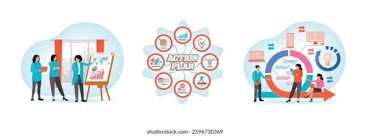 A group of professionals collaborating on financial reports.  Business communication and productivity. The colorful diagram displays an action plan. Set flat vector modern illustration 