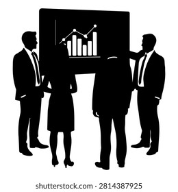 Group of professionals discussing financial data and growth charts during a business presentation in a conference setting.