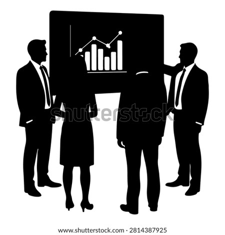 Group of professionals discussing financial data and growth charts during a business presentation in a conference setting.