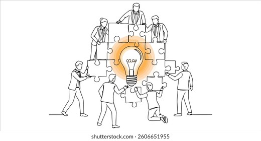 A group of professionals, dressed in business suits, collaboratively assembles a puzzle, each piece contributing to a larger vision. At the center, a glowing light bulb symbolizes innovation