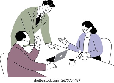 Eine Gruppe von Fachleuten, die an einem Tisch mit Laptop und Kaffee eine produktive Diskussion führen, die Teamarbeit und strategische Planung für Unternehmenswachstum und -erfolg symbolisiert.