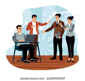 A group of professionals engaged in teamwork and collaborating with laptops. Depicting productivity, collaboration, and use of digital devices. Flat vector illustration.